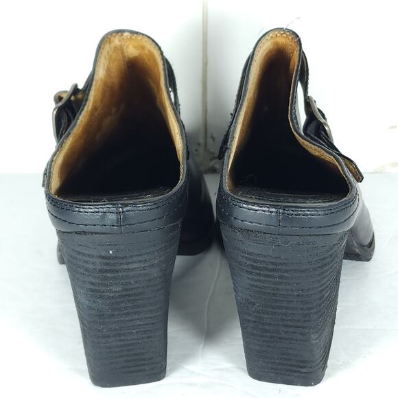 FRYE Women's Patti Slingback US8,5M Black Leather Side Buckle Heeled Mules Clogs - Picture 10 of 16